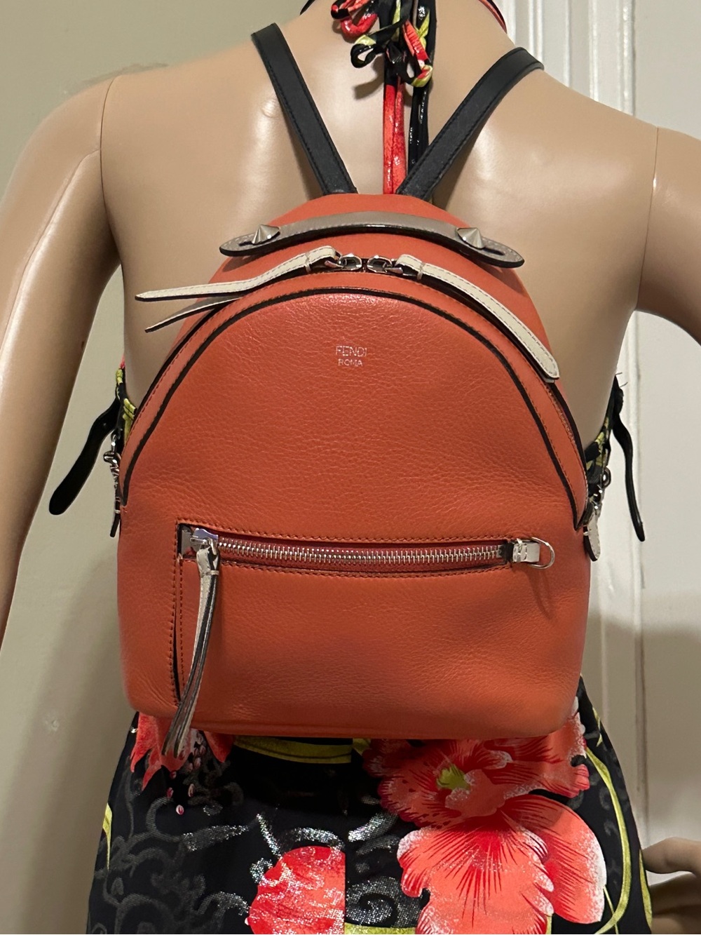 Fendi Orange Leather Mini Backpack with Contrast Beige Trim